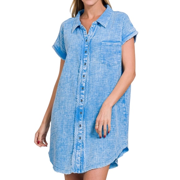 Women's ZENANA Deep Sky Acid Washed Button Down Shirt Dress NWOT - Picture 2 of 8
